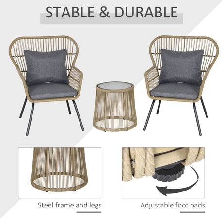 Outsunny 3 Pieces Rattan Bistro Set, Wicker Garden Furniture Set with Cushions, Glass Top Coffee Table and Chairs for Outdoor, Patio, Balcony, Brown