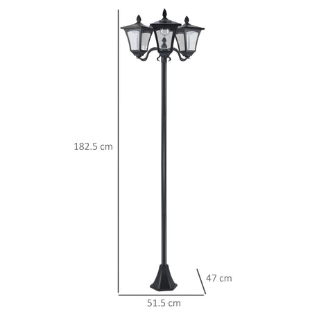Outsunny 1.8m Traditional Victorian Style 3 Way Head Outdoor Garden Solar Post Lamp Sensor Dimmable LED Lantern Bollard Pathway IP44  Black