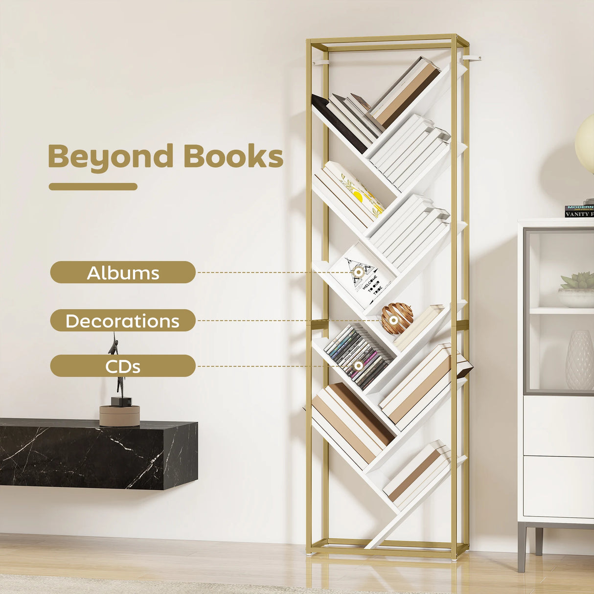HOMCOM 10 Shelf Modern-Style Bookshelf - Gold Tone/White