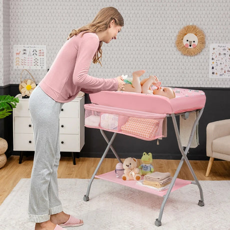 Baby Changing Table with Safety Belt and 4-side Defence-Pink