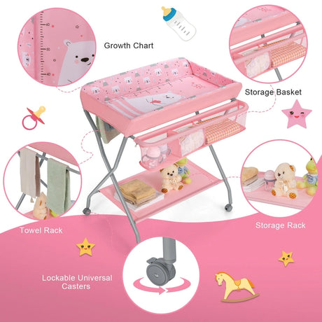 Baby Changing Table with Safety Belt and 4-side Defence-Pink