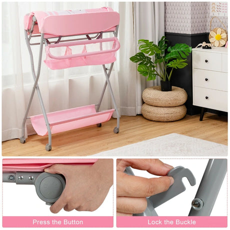 Baby Changing Table with Safety Belt and 4-side Defence-Pink