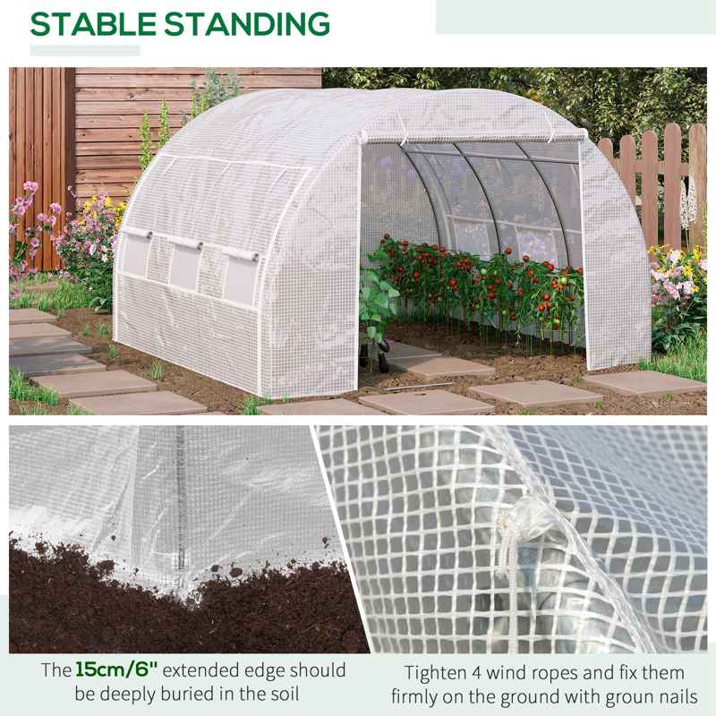 Outsunny 3 x 3 x 2 m Polytunnel Greenhouse with Roll-up Side Walls, Walk-in Grow House Tent with Steel Frame, Reinforced Cover, Zipped Door and 6 Mesh Windows for Garden, White