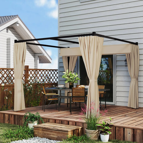 Outsunny 3 x 3(m) Retractable Pergola, Garden Gazebo Shelter with Curtains, for Grill, Patio, Deck, Beige