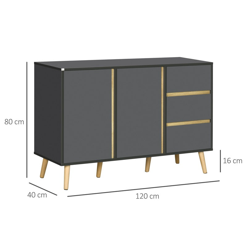 HOMCOM Sideboard, Modern Kitchen Cupboard with Double Doors and 3 Drawers, Adjustable Shelves for Living Dining Room, Dark Grey