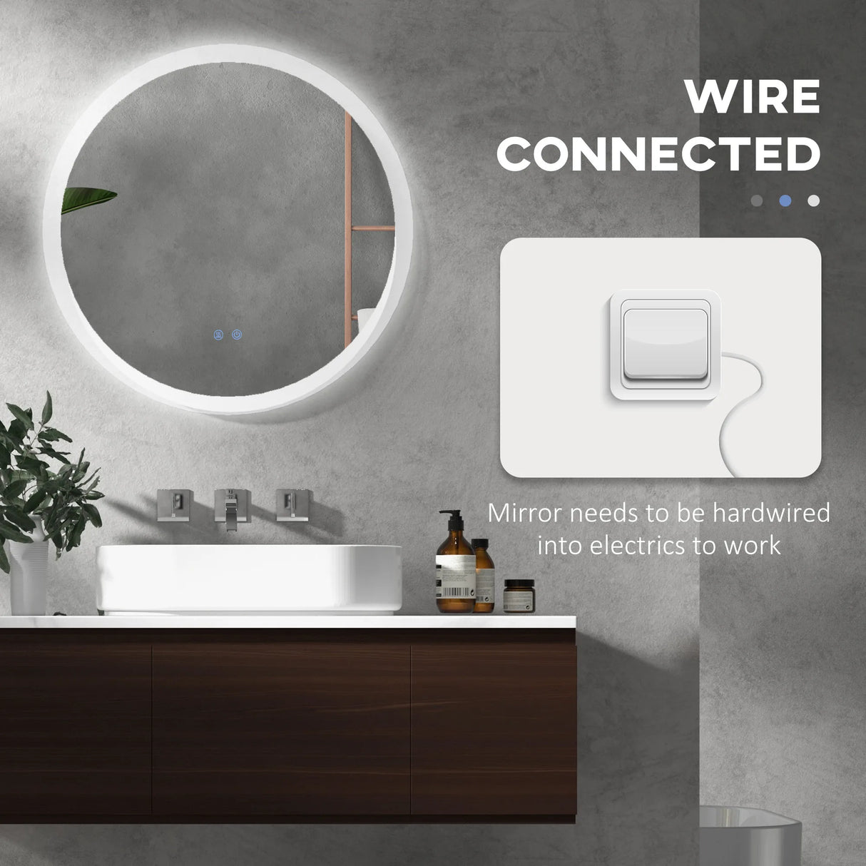 kleankin Round Bathroom Mirror with LED Lights, Wall-Mounted Dimmable Makeup Mirror with 3 Temperature Colours, Defogging Film, Memory Function, Hardwired, 70 x 70 cm