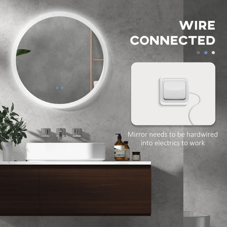 kleankin Round Bathroom Mirror with LED Lights, Wall-Mounted Dimmable Makeup Mirror with 3 Temperature Colours, Defogging Film, Memory Function, Hardwired, 70 x 70 cm