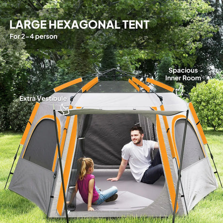 Outsunny Instant Pop Up Camping Tent, 2/3/4 Person Easy Setup Dome Family Tent with Vestibule, Rainfly, 4 Mesh Windows & 2 Doors, Hexagonal Design, Waterproof & UV Protected, Light Grey
