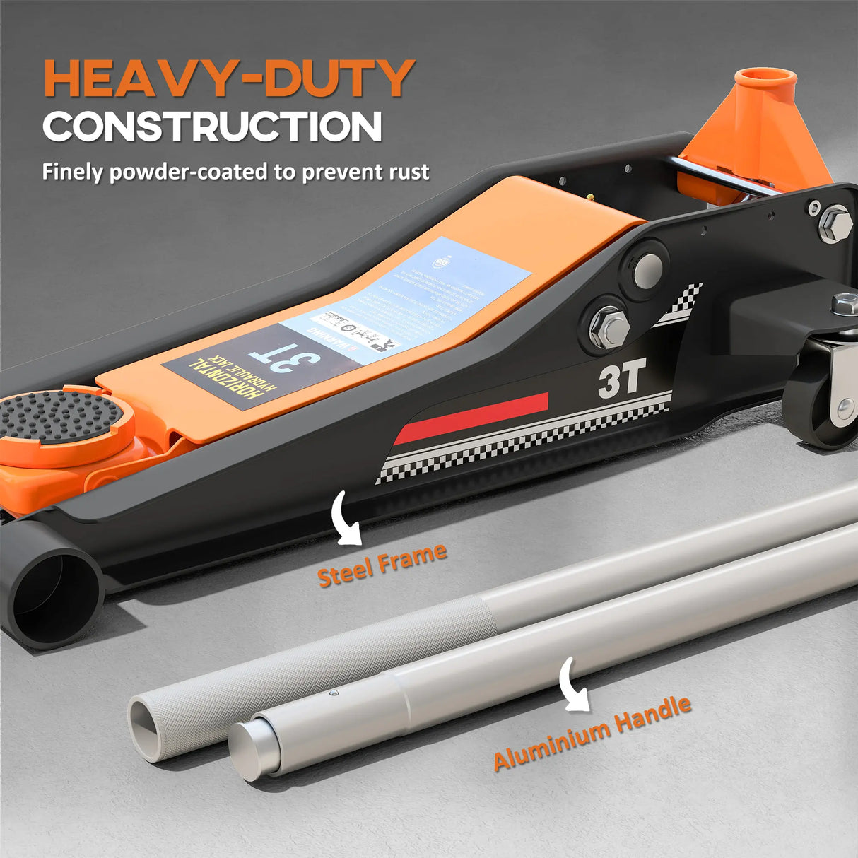 HOMCOM 3 Ton Hydraulic Low-Profile Floor Jack, with 7.5-50.5cm Lifting Range, Wheels, Orange