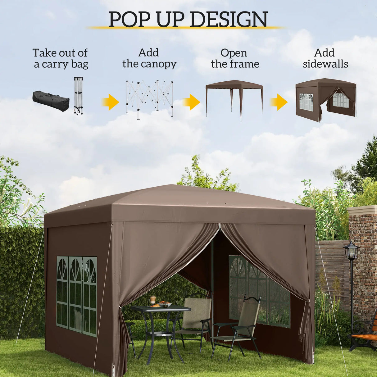 Outsunny 3 x 3 m Pop Up Gazebo, Wedding Party Canopy Tent Marquee with Carry Bag and Windows, Coffee