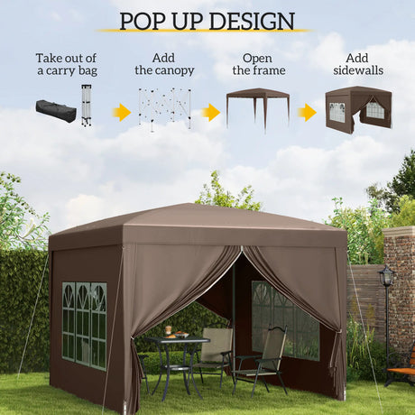 Outsunny 3 x 3 m Pop Up Gazebo, Wedding Party Canopy Tent Marquee with Carry Bag and Windows, Coffee