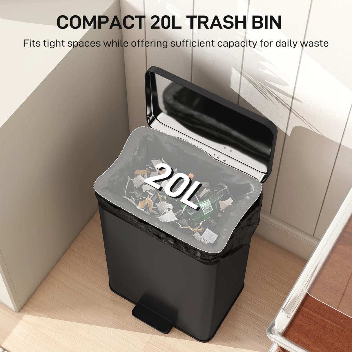 HOMCOM 20L Kitchen Bin with Soft-Close Lid and Stay-Open Function, Stainless Steel Pedal Bin with Removable Inner Bucket for Kitchen, Office, Home, Matte Black