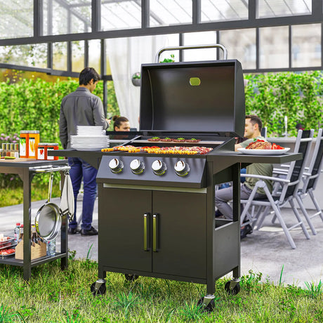 Outsunny 4 Burner Gas BBQ Grill Outdoor Portable Barbecue Trolley w/ Warming Rack, Side Shelves, Storage Cabinet, Thermometer