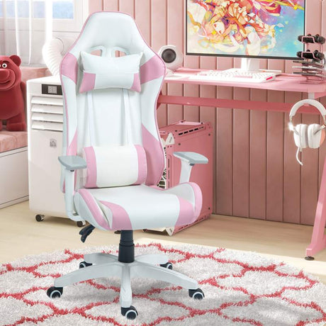 HOMCOM Faux Leather Colour Block Gaming Chair, with 135° Reclining Back - Pink/White