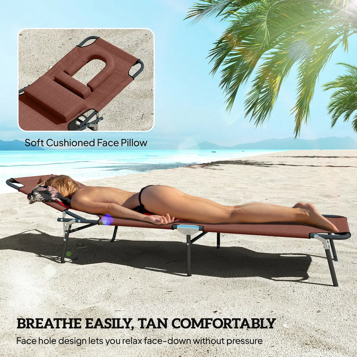 Outsunny Folding Sun Lounger with Face Hole, 4-Position Adjustable Backrest Garden Recliner Chair Sunbed, Outdoor Lounge Chair with 600 D Oxford Cloth Seat, Pillow for Beach, Brown