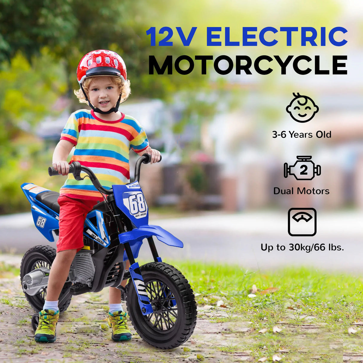 AIYAPLAY 12V Kids Electric Motorbike, Kids Electric Ride on motorcycle w/ Twist Grip Throttle, Training Wheels, Blue