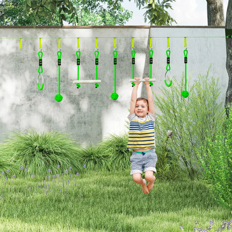 AIYAPLAY 7-Piece Kids Zip Line Kit for Garden, 10m Kids Slackline Kit with Wooden Monkey Bars, Metal Rings, Gripping Balls, Green