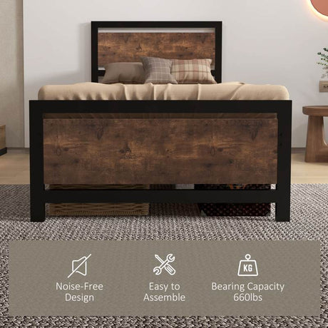 HOMCOM Single Size Metal Bed Frame with Headboard & Footboard, Strong Slat Support Solid Bedstead Base w/ Underbed Storage Space, Bedroom Furniture For Adults