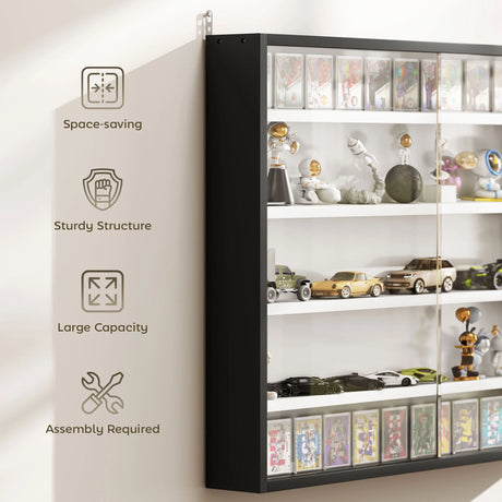 HOMCOM 5-Tier Wall Display Cabinet,  Wall Mounted Display Case w/ 4 Adjustable Shelves, Glass Doors, 60x80cm, Black and White