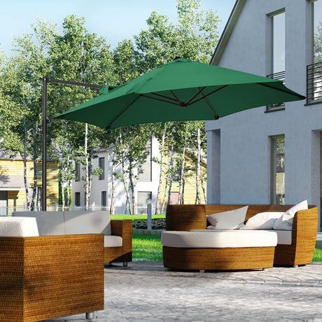 Outsunny 2.5M Garden Cantilever Parasol, Offset Roma Patio Umbrella Hanging Sun Shade Canopy Shelter with 360 Rotation and Cross Base, Green