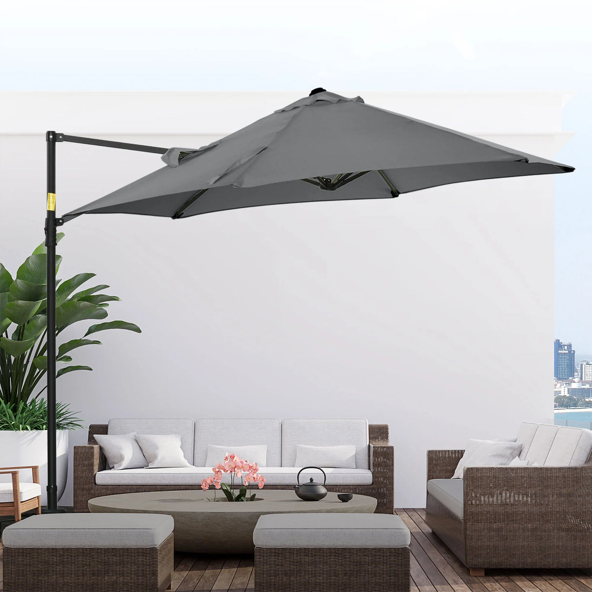 Outsunny 2.5M Garden Cantilever Parasol, Offset Roma Patio Umbrella Hanging Sun Shade Canopy Shelter with 360 Rotation and Cross Base, Dark Grey
