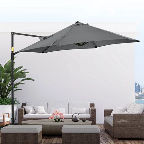 Outsunny 2.5M Garden Cantilever Parasol, Offset Roma Patio Umbrella Hanging Sun Shade Canopy Shelter with 360 Rotation and Cross Base, Dark Grey