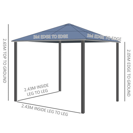 Outsunny 3 x 3(m) Hardtop Gazebo Canopy with Polycarbonate Roof, Aluminium Frame, Permanent Pavilion Garden Gazebo with Netting and Curtains for Patio, Deck, Dark Grey