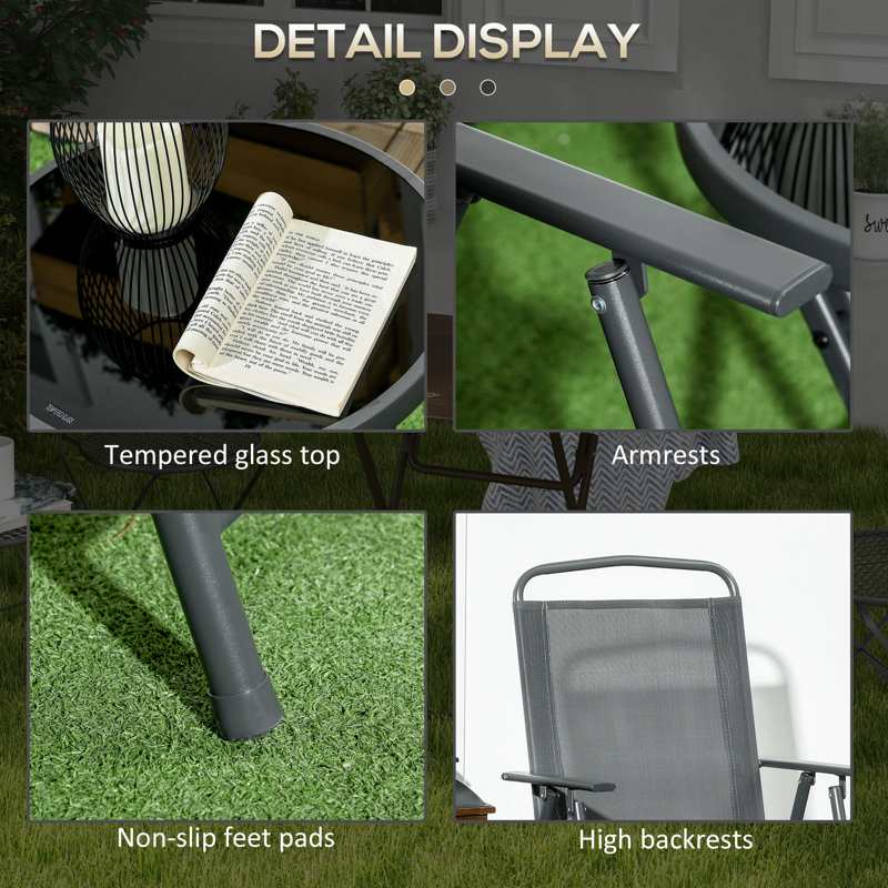 Outsunny Three-Piece Garden Seat Set, with Glass-Top Table - Dark Grey