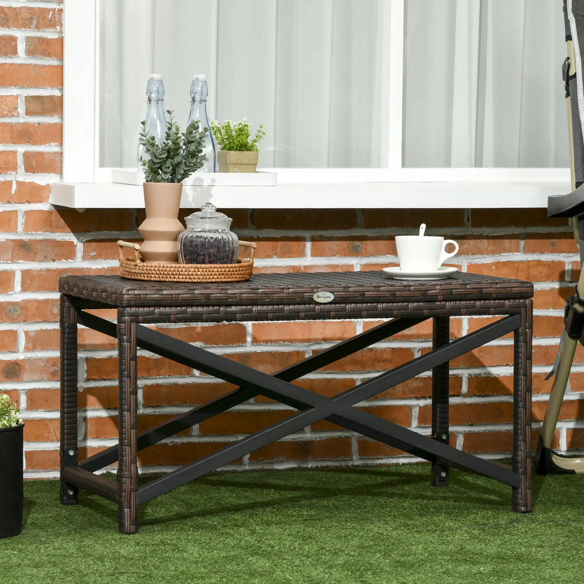 Outsunny PE Rattan Garden Side Table, Outdoor Coffee Table with X-Shape Frame, Mixed Brown
