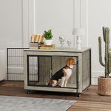 PawHut Dog Crate Furniture with Wheels, Double Doors, for Medium Dogs, 80 x 56 x 62.5cm, Grey