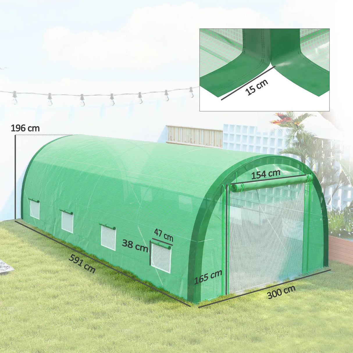Outsunny 6 x 3(m) Polytunnel Greenhouse with Upgraded Structure, Mesh Door and Windows, 15 Plant Labels, Green