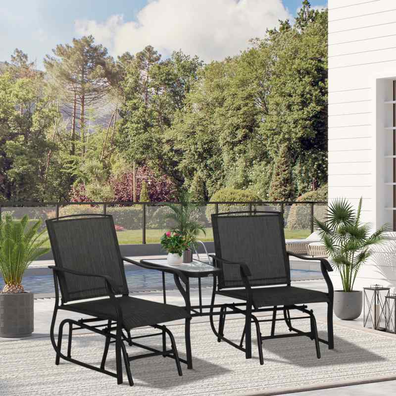 Outsunny Gliding Jack and Jill Seat, with Glass-Top Table - Black