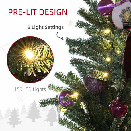 HOMCOM 6ft Artificial Christmas Tree, with Purple Decorations and Lights