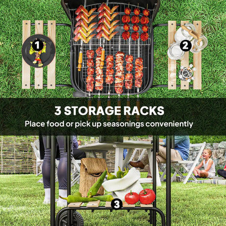 Outsunny Charcoal Barbecue Grill Portable BBQ Grill with 1840 cm2 Cooking Area, 3 Shelves, Adjustable Vent, Lockable Lid, Wheels for Outdoor Cooking, Garden Party, Black