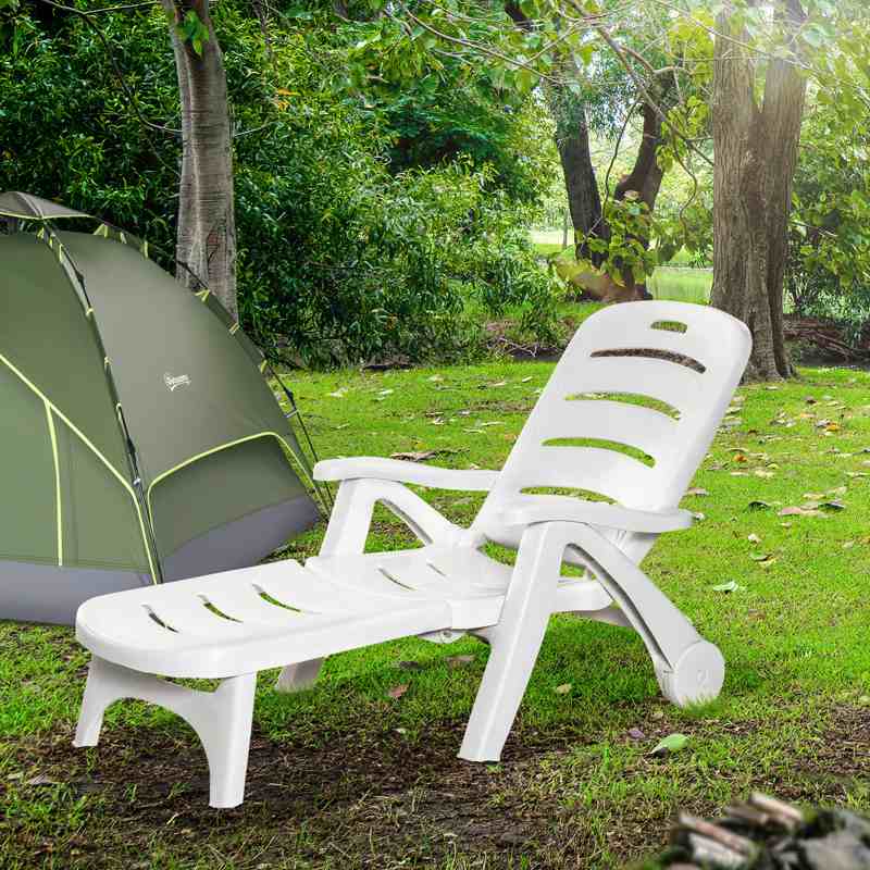 Outsunny 2PCs Outdoor Folding Sun Lounger Recliner on Wheels w/ 5-Position Backrest, White