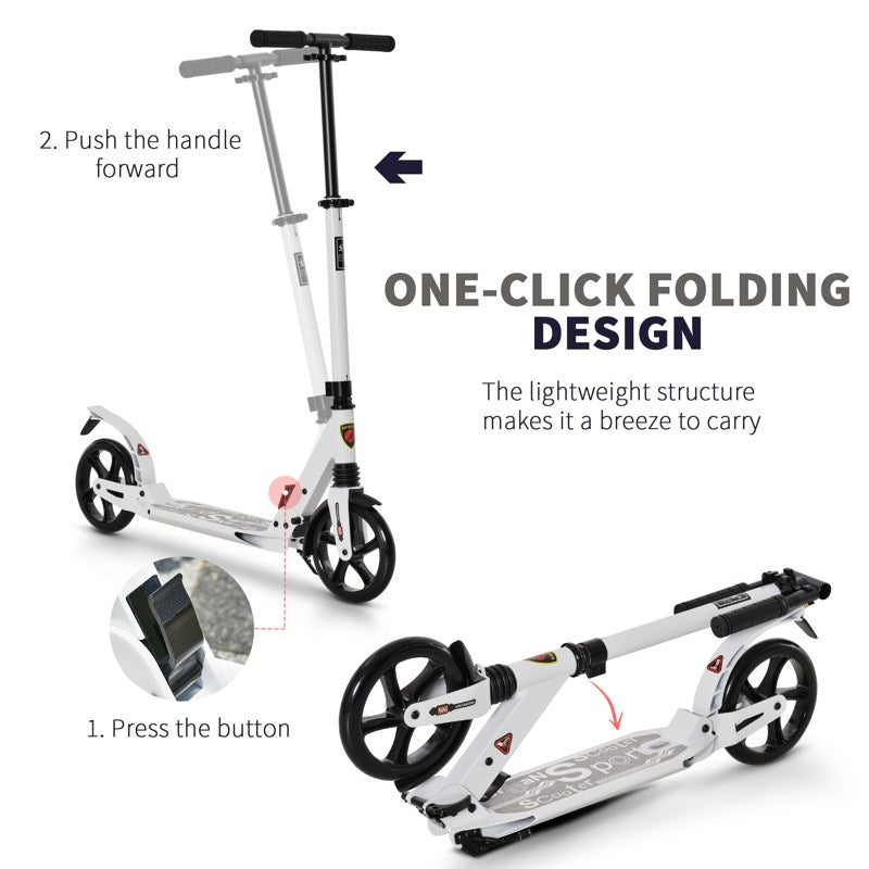 HOMCOM Folding Kick Scooter, Adjustable Ride On Scooter with 200mm Big Wheels and Double Shock Absorption, Urban Scooter for 14+ Teens Adult- White