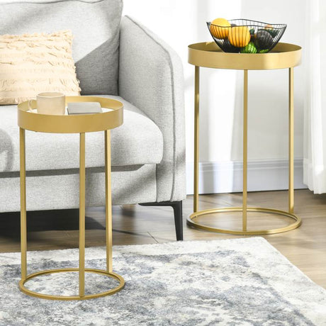 HOMCOM Nest of Tables, Round Coffee Table Set of 2, Nesting Tables with Embedded Tabletop and Metal Frame, Gold Side Table for Living Room, Bedroom