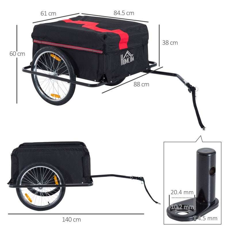 HOMCOM Two-Wheel Bicycle Large Cargo Wagon Trailer Oxford Fabric, Folding Storage, & Removable Cover, Red&Black