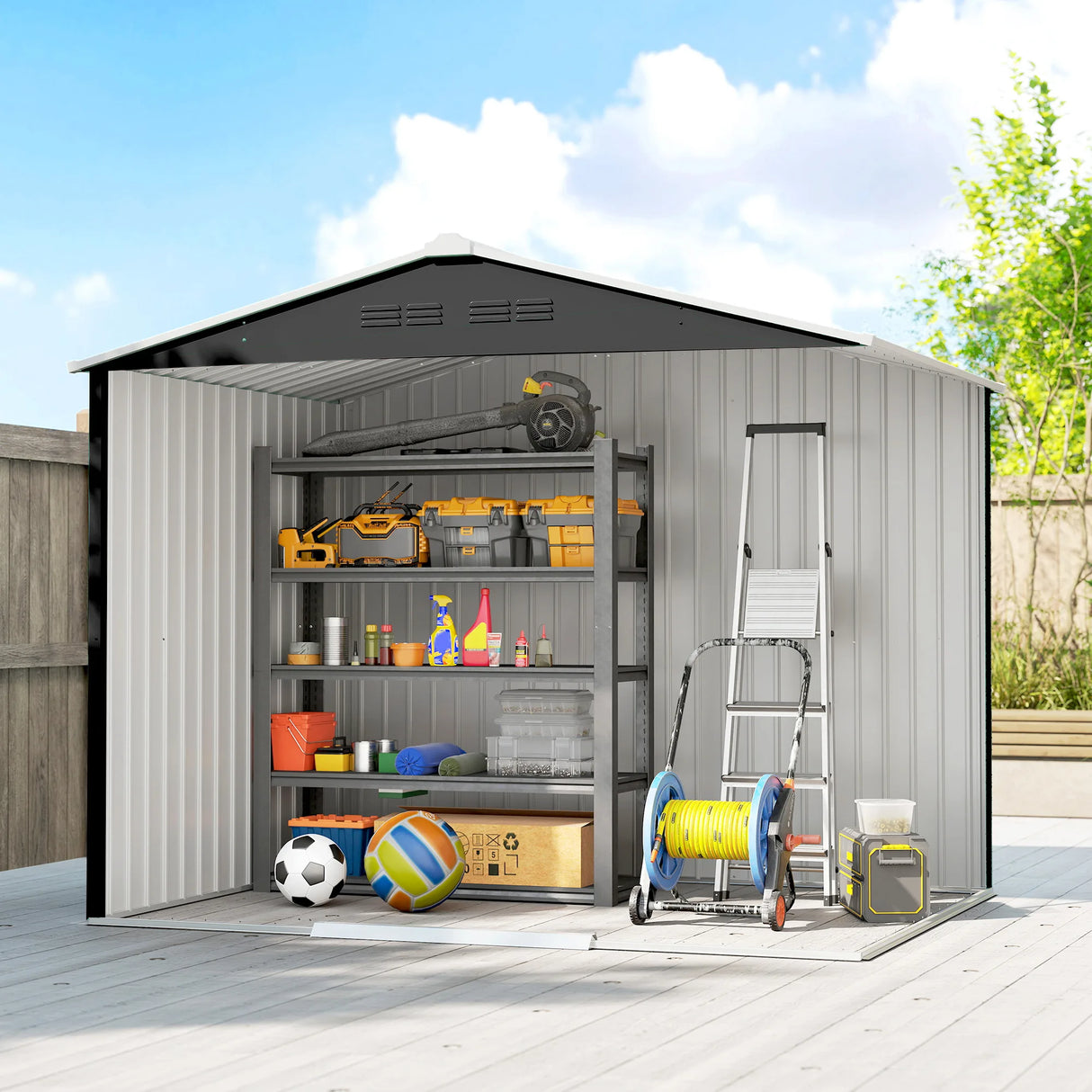 Outsunny 8 x 6ft Galvanised Steel Shed, with Double Door - Dark Grey