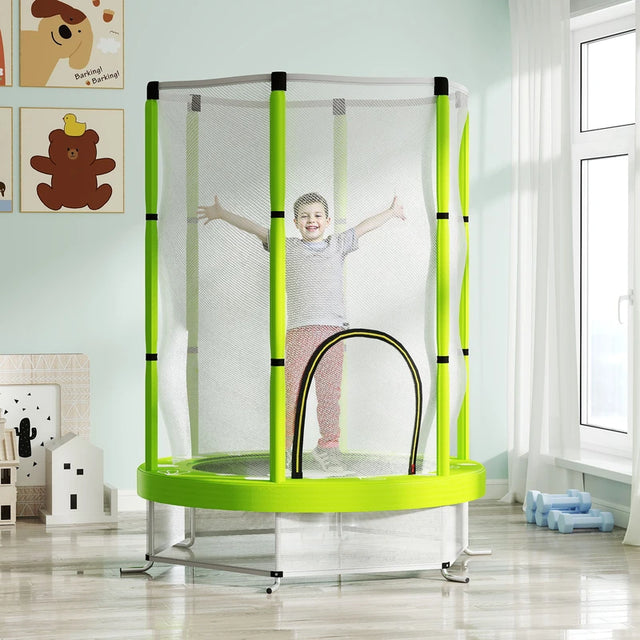 AIYAPLAY 4.6FT Toddler Trampoline w/ Safety Enclosure Net, for Indoor Outdoor Use, Ages 3-6 Years, Cloud Pattern - Green
