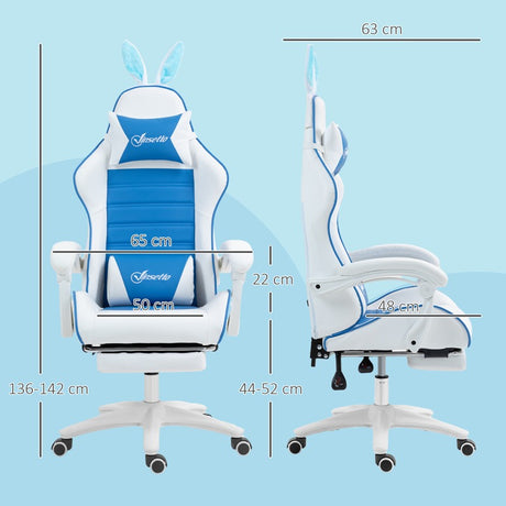 Vinsetto Racing Gaming Chair, Reclining PU Leather Computer Chair with Removable Rabbit Ears, Footrest and Lumber Support, Blue