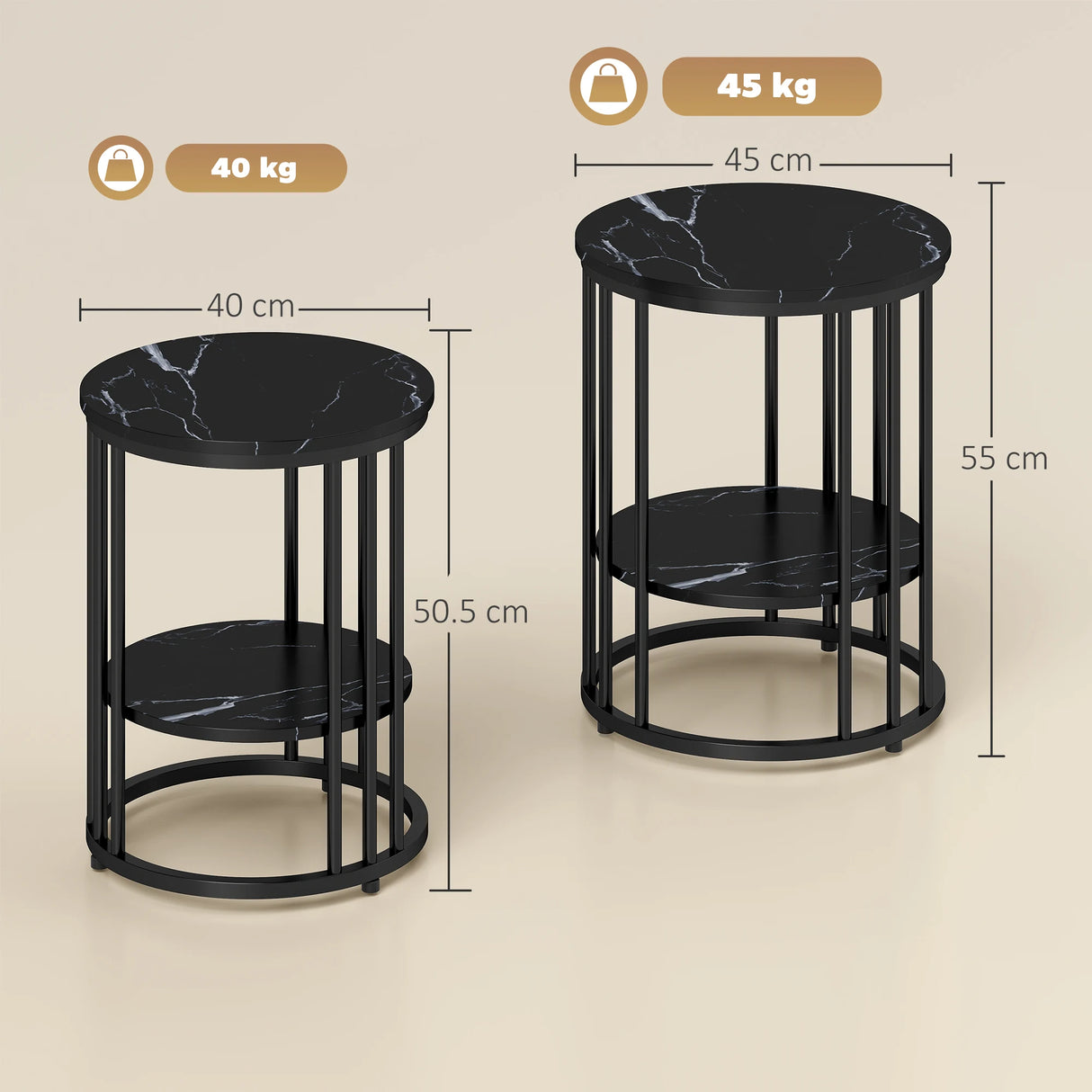 HOMCOM Set of Two Marble-Effect Coffee Tables - Black