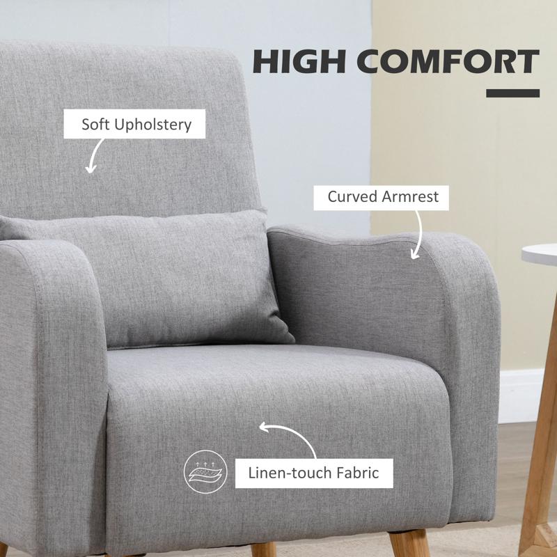 HOMCOM Accent Chair, Linen-Touch Armchair with Pillow, Upholstered Leisure Lounge Sofa for Living Room, Club Chair with Rubber Wooden Frame, Grey
