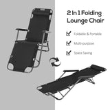 Outsunny 2 Pieces 2 in 1 Sun Lounger Folding Reclining Chair Garden Outdoor Camping Adjustable Back with Pillow, Black