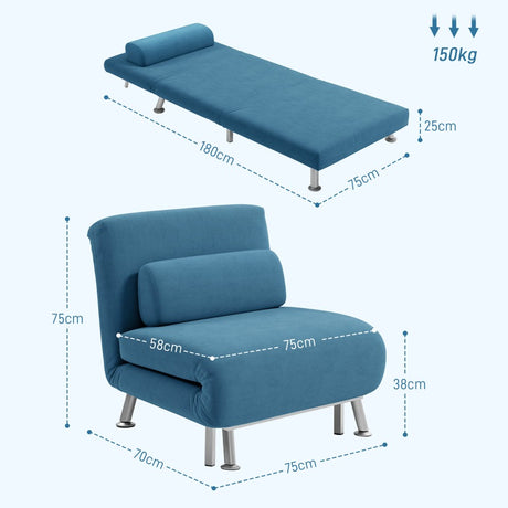 HOMCOM Single Velvet-Feel Sleeper Chair - Blue