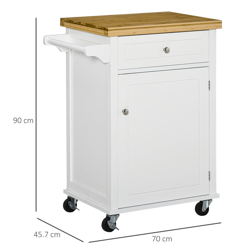 HOMCOM Kitchen Cart Storage Trolley Wooden Cabinet with Drawer Cupboard Towel Rail White