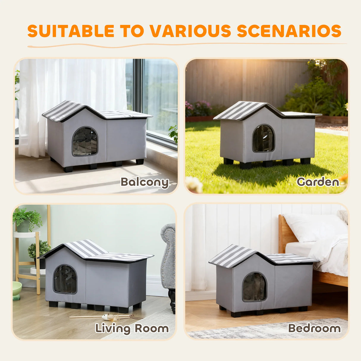 PawHut Outdoor Cat House, Weatherproof Feral Cat Cave with Elevated Base and Cushion for Winter, Grey