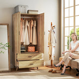 HOMCOM 2 Door Wardrobe, Modern Wardrobe with 2 Drawer and Hanging Rail for Bedroom, Natural