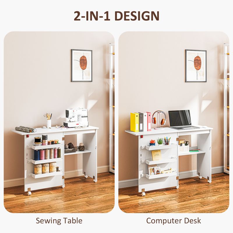 HOMCOM Folding Sewing Table, Drop Leaf Craft Table with Storage Bins, Open Shelf and Wheels, Rolling Sewing Machine Cabinet Computer Desk for Small Space, White