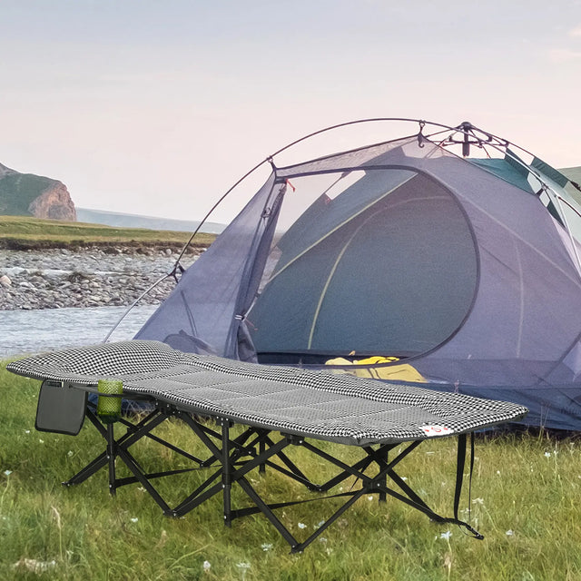 Outsunny Foldable Camp Bed, Padded Patio Camping Bed with Carry Bag, Magazine Bag and Cup Holder for Outdoor, Garden, Black